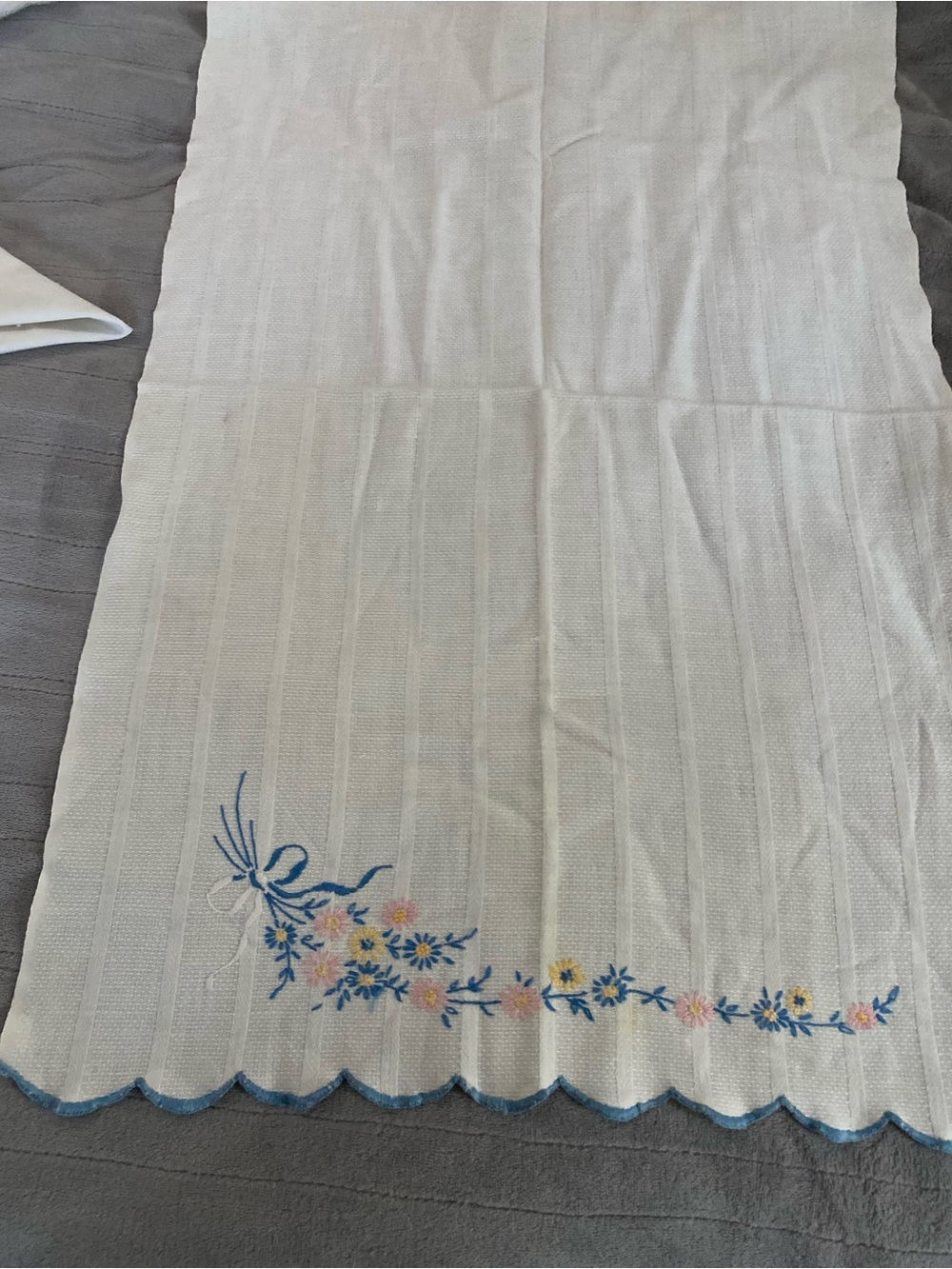 Embroidered Floral White tea towel with Blue Trim